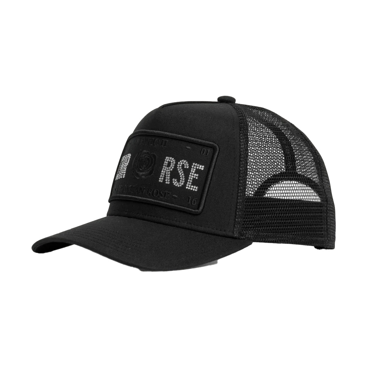 CHRISTIAN ROSE HALF RHINESTONE TRUCKER CAP – BLACK/CYAN