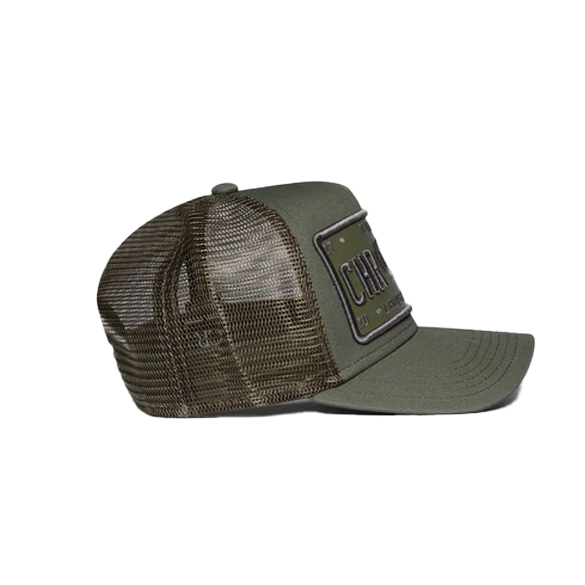 CHRISTIAN ROSE VINYL PATCH TRUCKER CAP – OLIVE GREEN