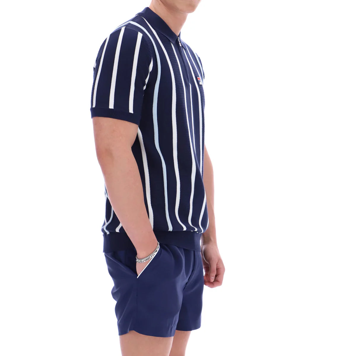 FILA GIORGIO CROCHET PATCHWORK KNITTED ZIP POLO NAVY/WHITE/SKYWAY