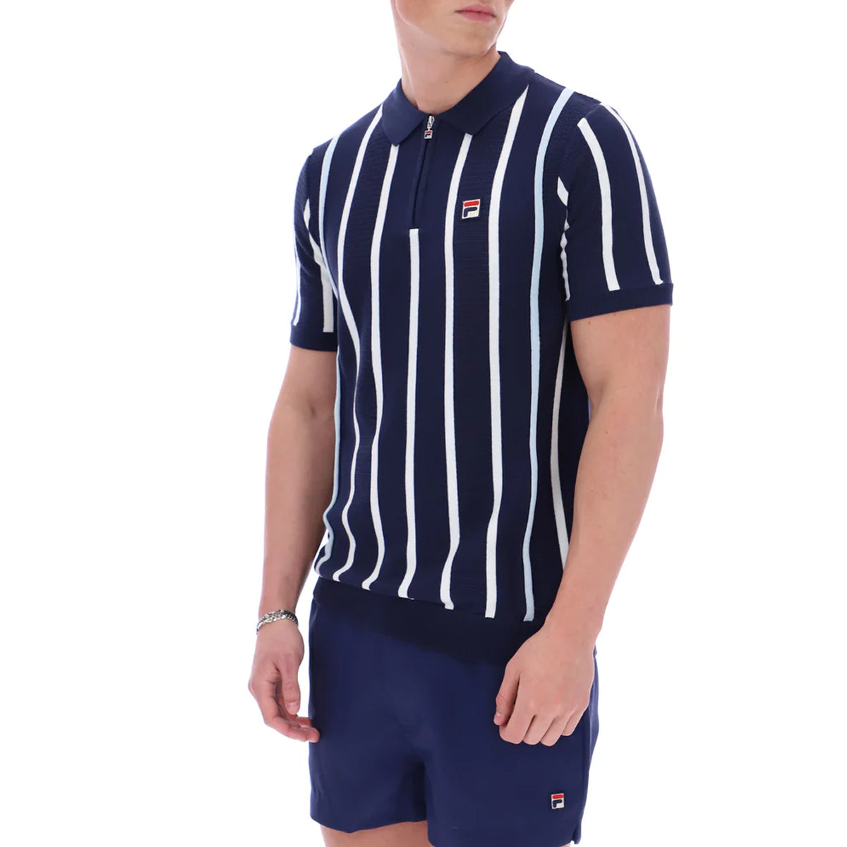 FILA GIORGIO CROCHET PATCHWORK KNITTED ZIP POLO NAVY/WHITE/SKYWAY