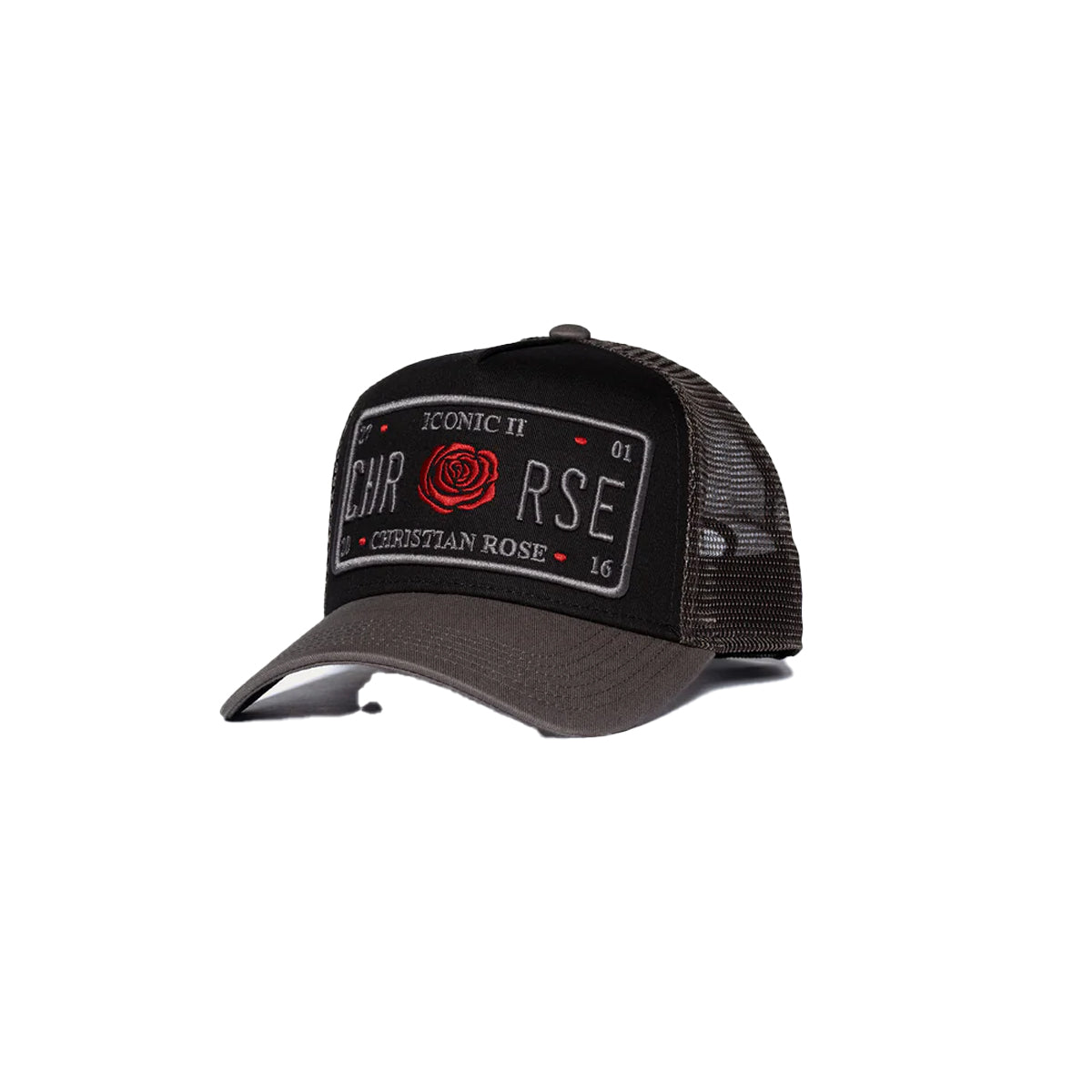 CHRISTIAN ROSE ICONIC II PLATE TRUCKER CAP - GREY / BLACK / RED
