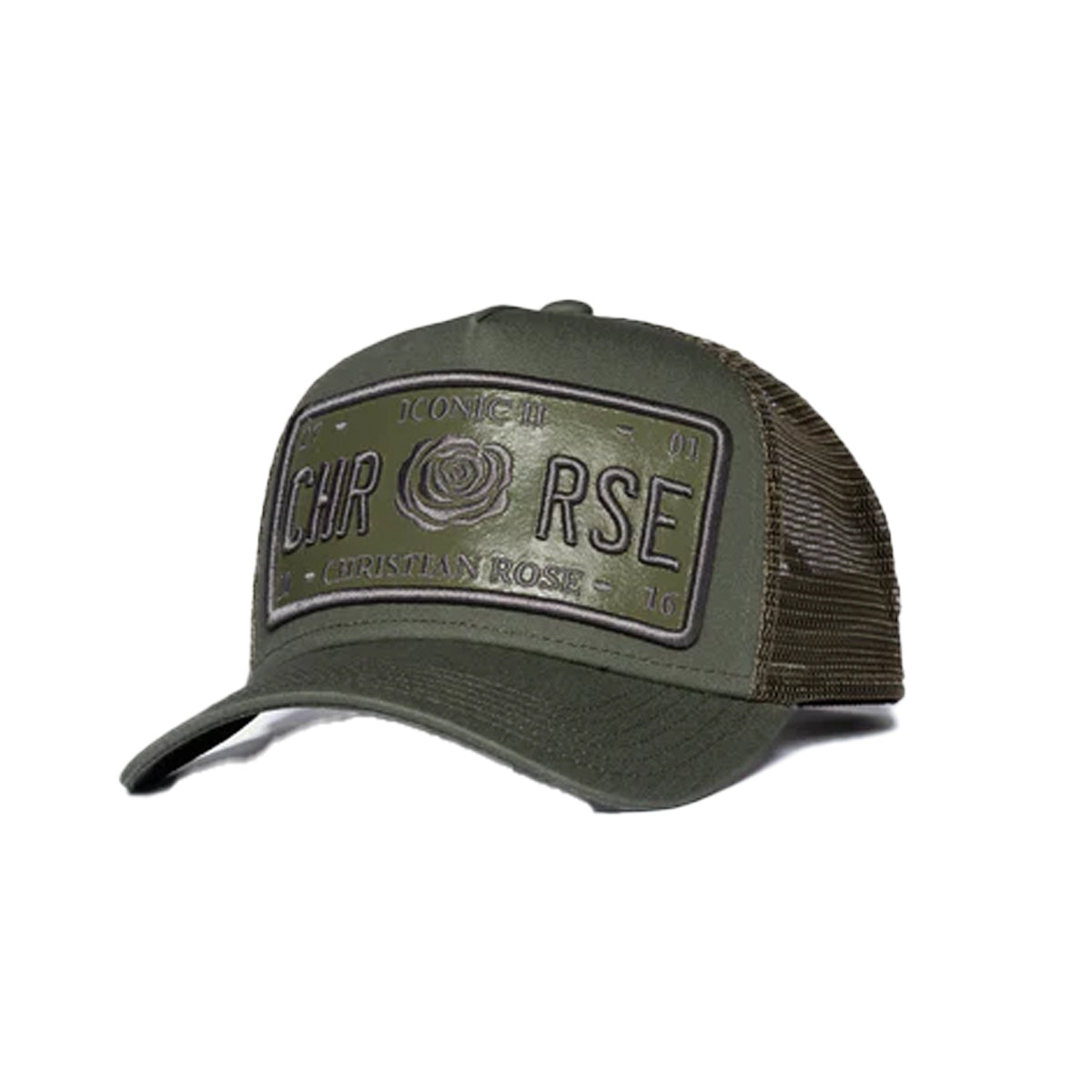 CHRISTIAN ROSE VINYL PATCH TRUCKER CAP – OLIVE GREEN