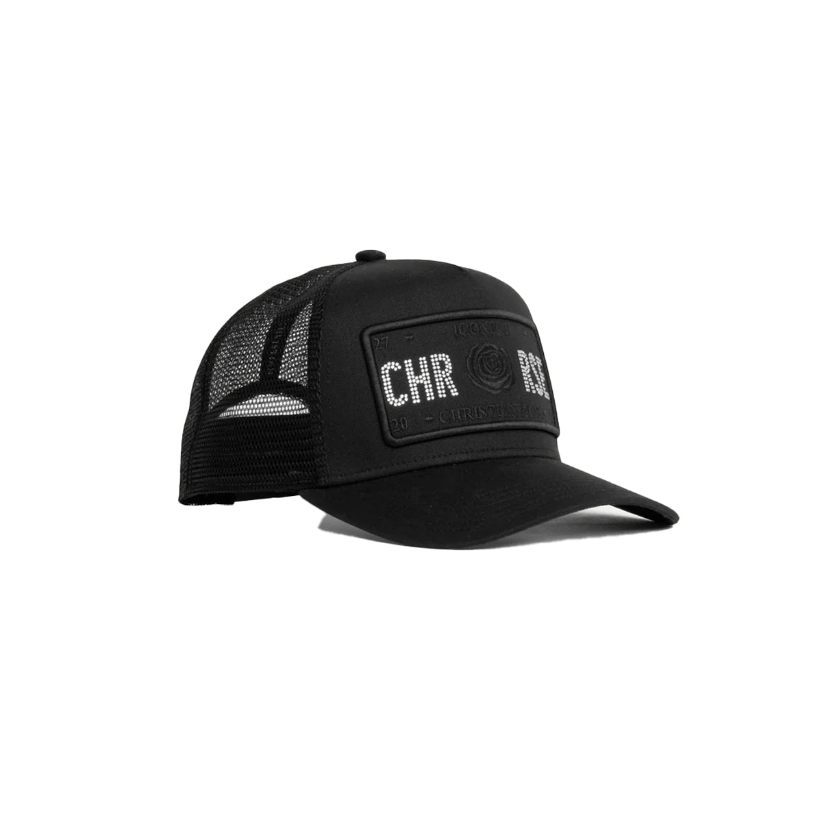 CHRISTIAN ROSE HALF RHINESTONE TRUCKER CAP – BLACK/CYAN