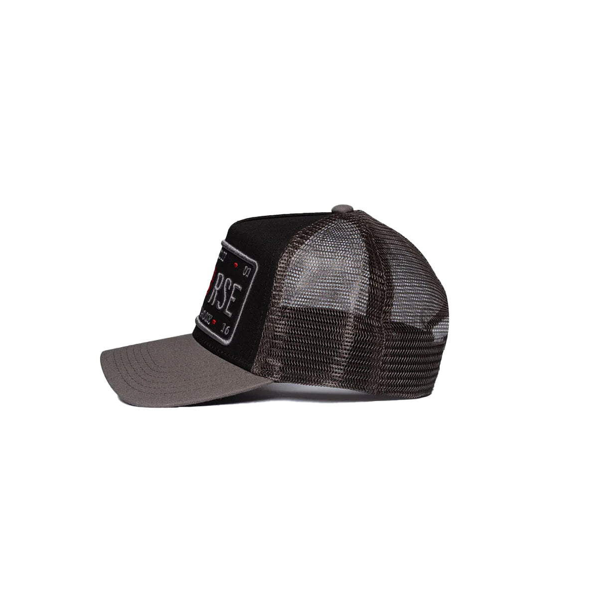CHRISTIAN ROSE ICONIC II PLATE TRUCKER CAP - GREY / BLACK / RED