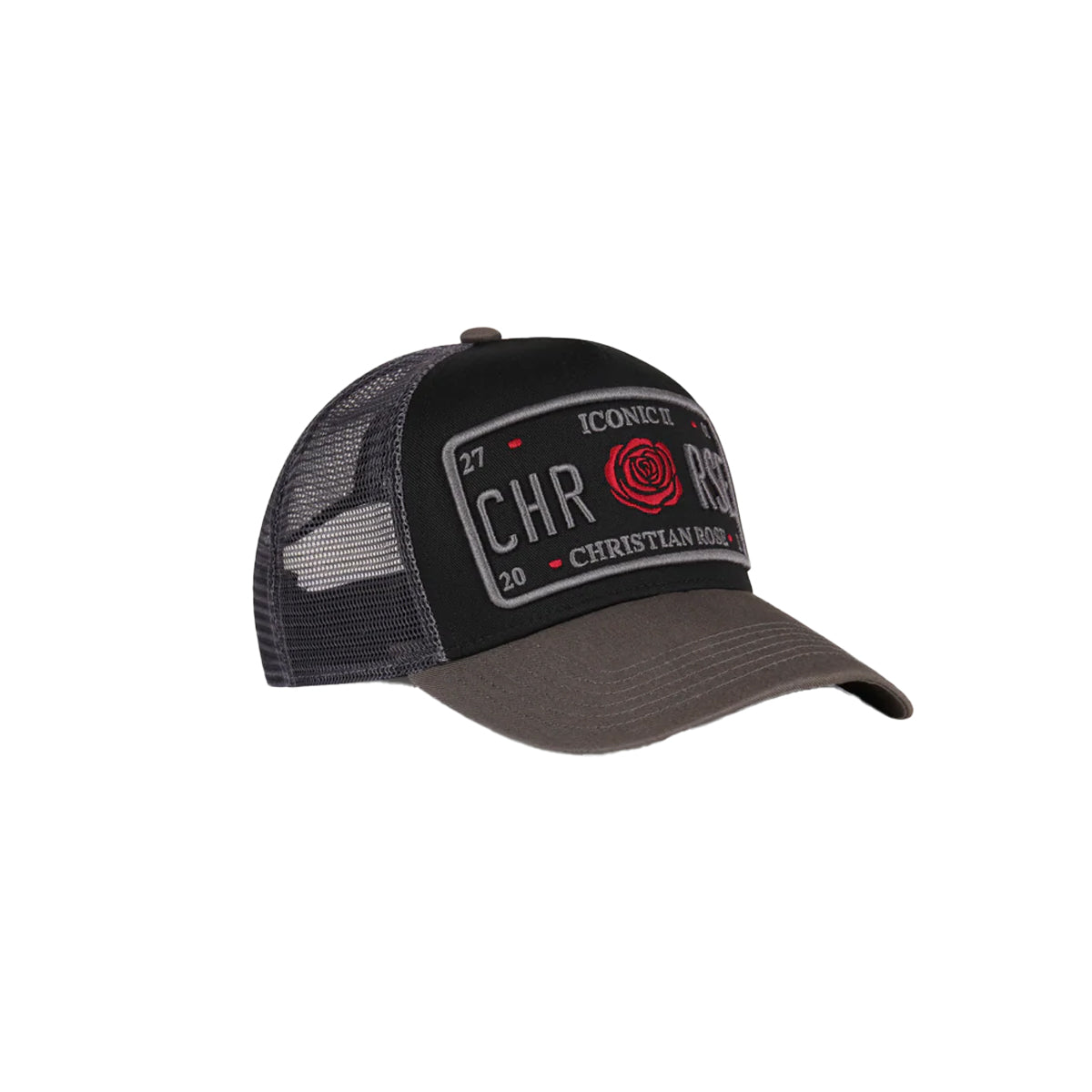 CHRISTIAN ROSE ICONIC II PLATE TRUCKER CAP - GREY / BLACK / RED