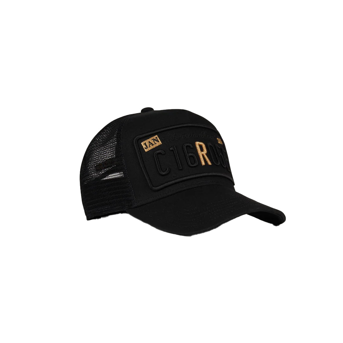 CHRISTIAN ROSE R TWO-TONE TRUCKER CAP – BLACK/GOLD