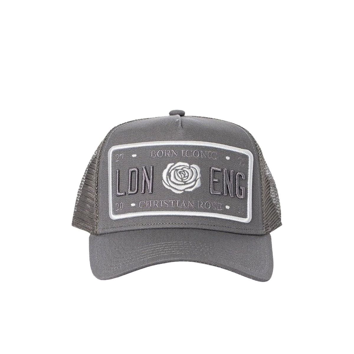 CHRISTIAN ROSE ICONIC PLATE TRUCKER CAP GREY/WHITE