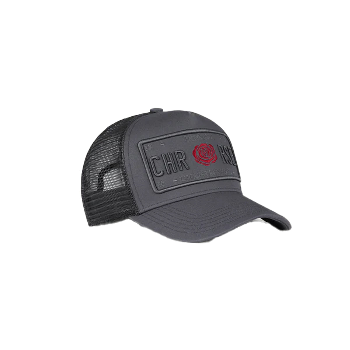 CHRISTIAN ROSE ICONIC II RED ROSE PLATE TRUCKER CAP GREY/GREY/RED