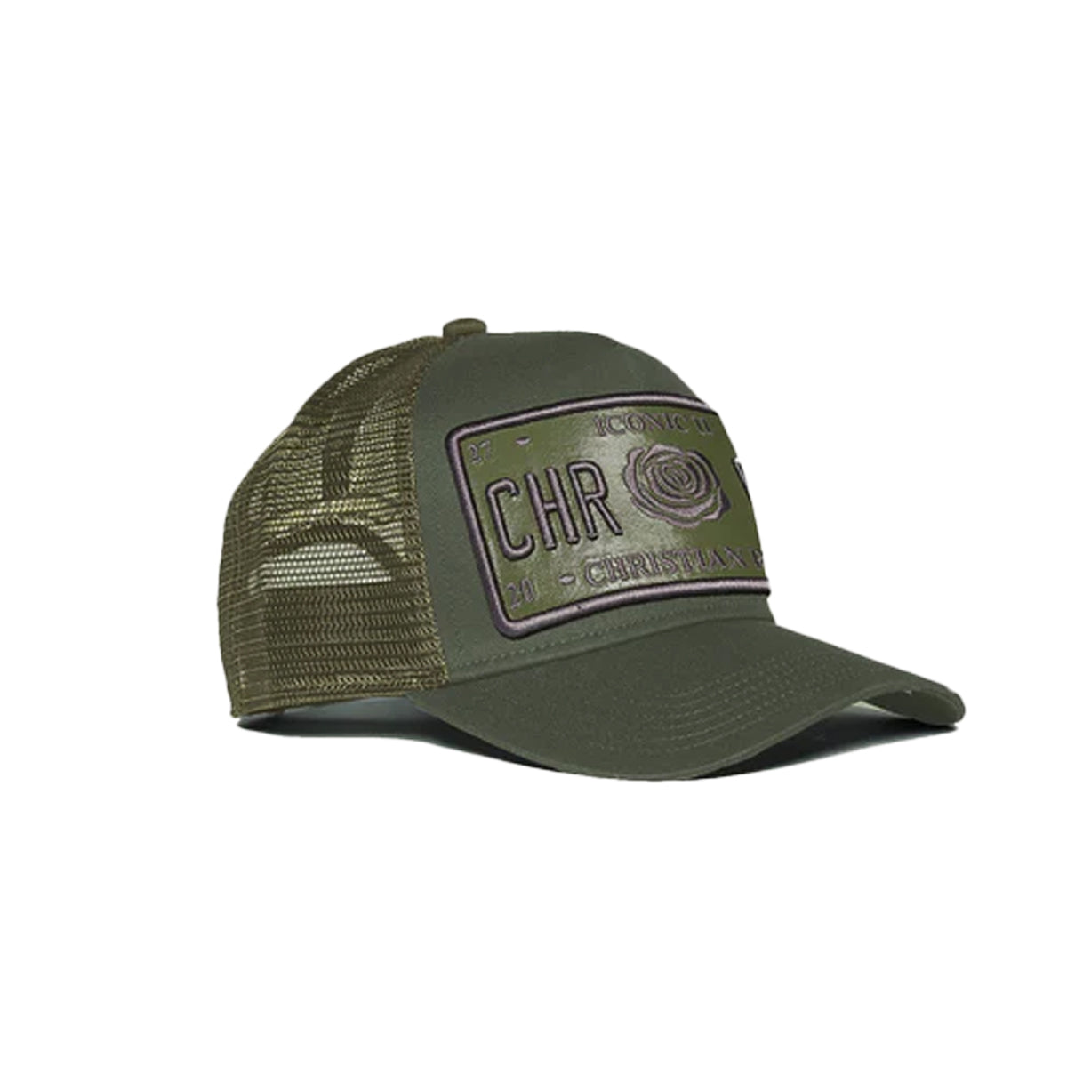 CHRISTIAN ROSE VINYL PATCH TRUCKER CAP – OLIVE GREEN