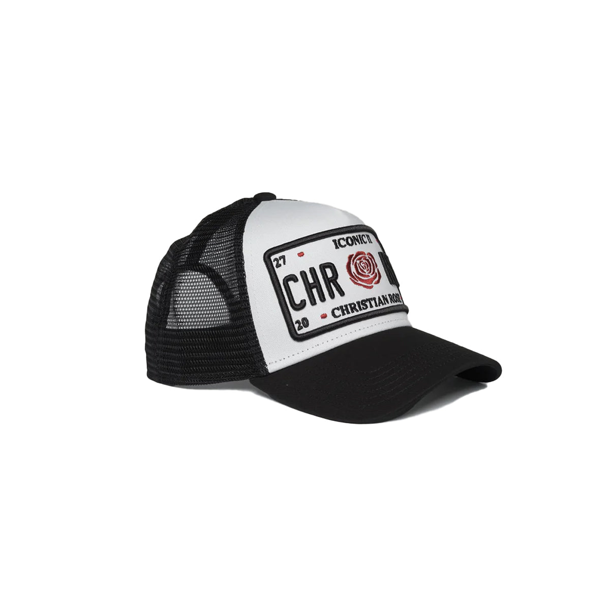 CHRISTIAN ROSE ICONIC II RED ROSE TRUCKER CAP WHITE / BLACK / RED