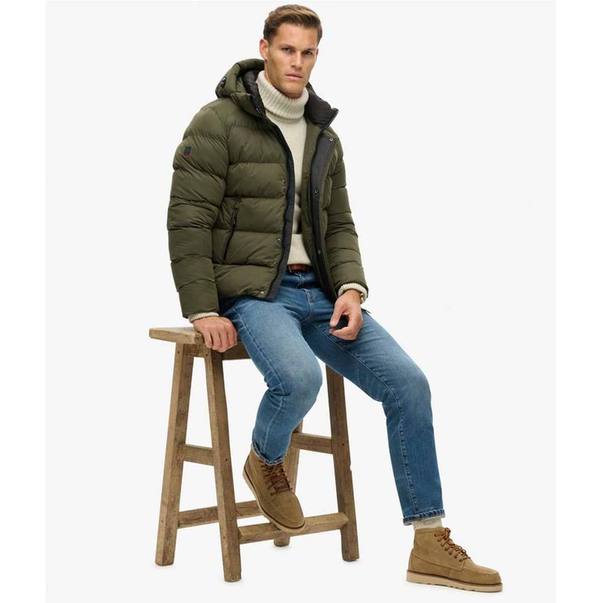 HOODED MICROFIBRE SPORT PUFFER ARMY KHAKI ZC3