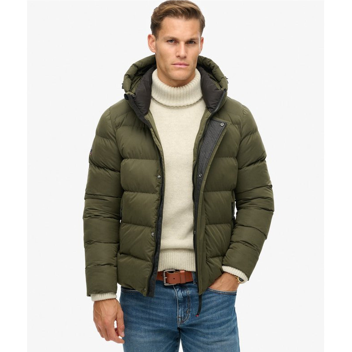 HOODED MICROFIBRE SPORT PUFFER ARMY KHAKI ZC3