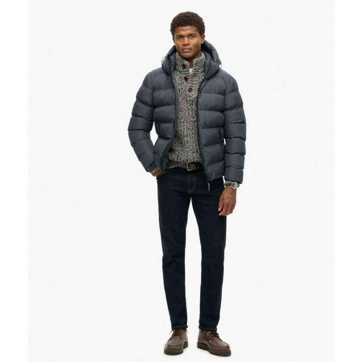 SUPERDRY HOODED SPORTS PUFFER JACKET EBONY GREY H1P