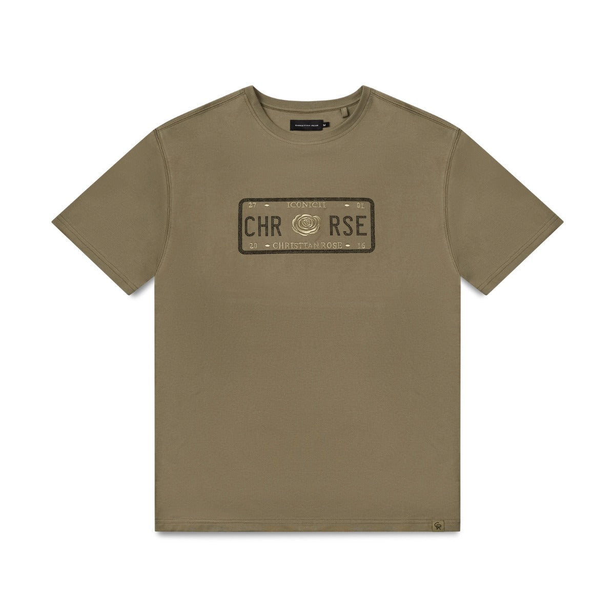 CHRISTIAN ROSE BIG CHEST RHINESTONE PLATE T-SHIRT OLIVE