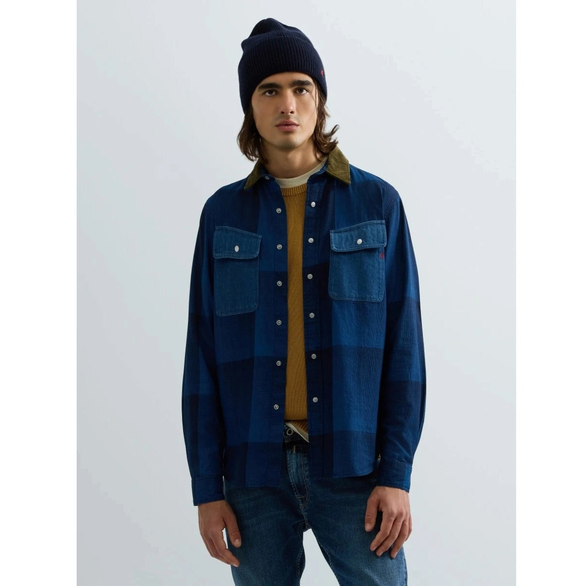 REPLAY CHECKED SHIRT WITH CORDUROY COLLAR M105U BLUE