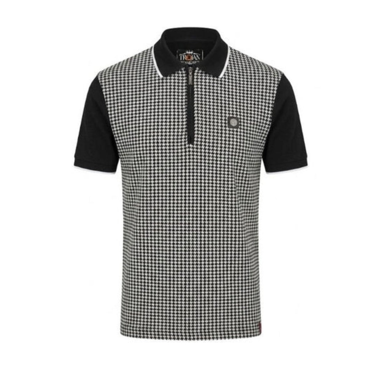 TROJAN MONO HOUNDSTOOTH ZIP POLO T-SHIRT BLACK TR9125