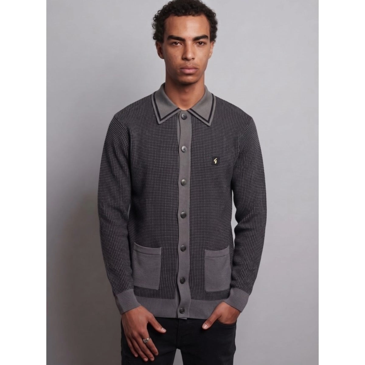 GABICCI NOEL TEXTURED KNITTED L/S FULL BUTTON JUMPER CHARCOAL V57GM16