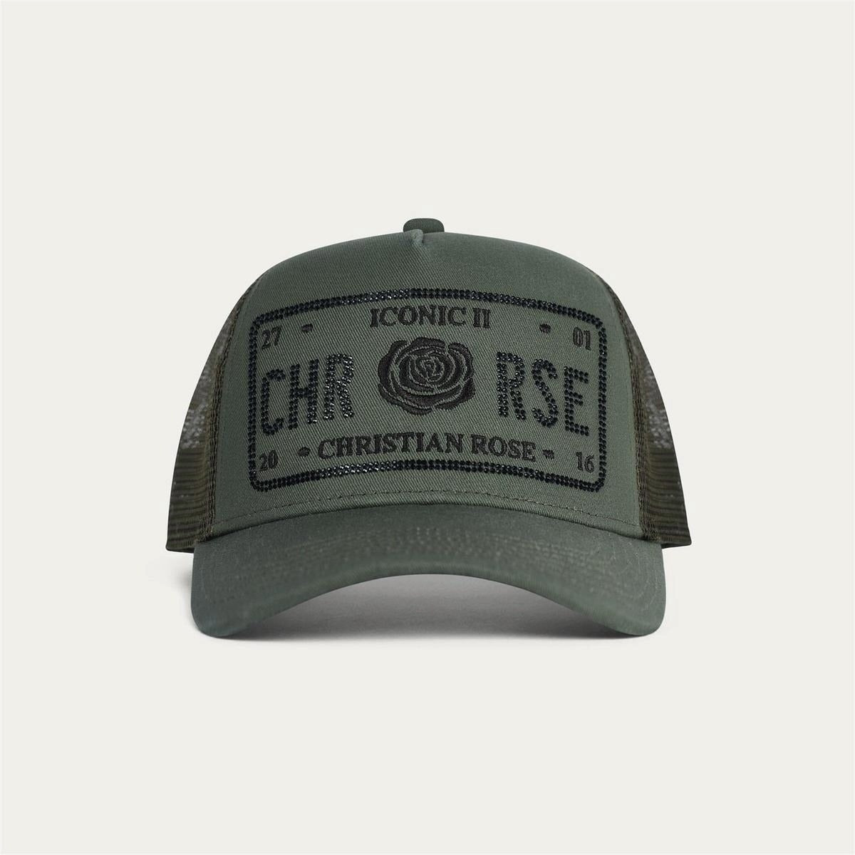 CHRISTIAN ROSE HALF RHINESTONE CAP OLIVE/BLACK CR049OB