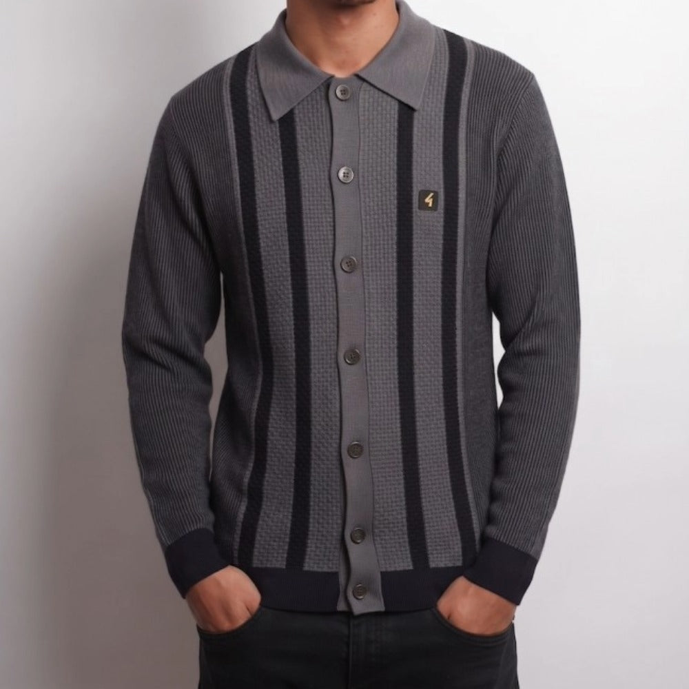 GABICCI PASCAL TEXTURED KNITTED L/S FULL BUTTON JUMPER BLACK V57GM17