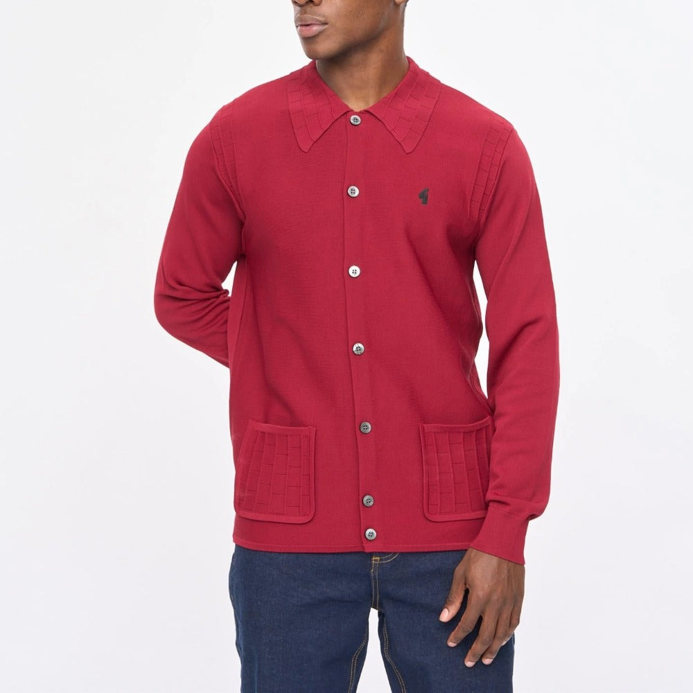 GABICCI ARCHIVE EDDIE KNITTED L/S FULL BUTTON JUMPER CLARET V57GM27