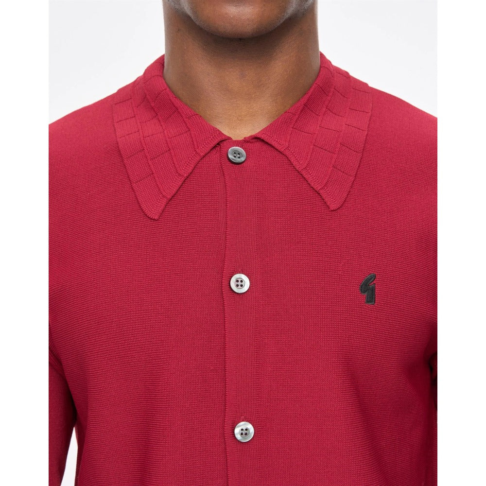 GABICCI ARCHIVE EDDIE KNITTED L/S FULL BUTTON JUMPER CLARET V57GM27
