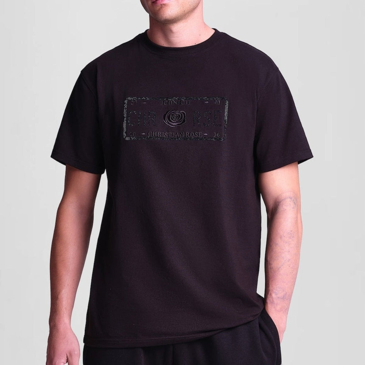 CHRISTIAN ROSE BIG CHEST RHINESTONE PLATE T-SHIRT BLACK