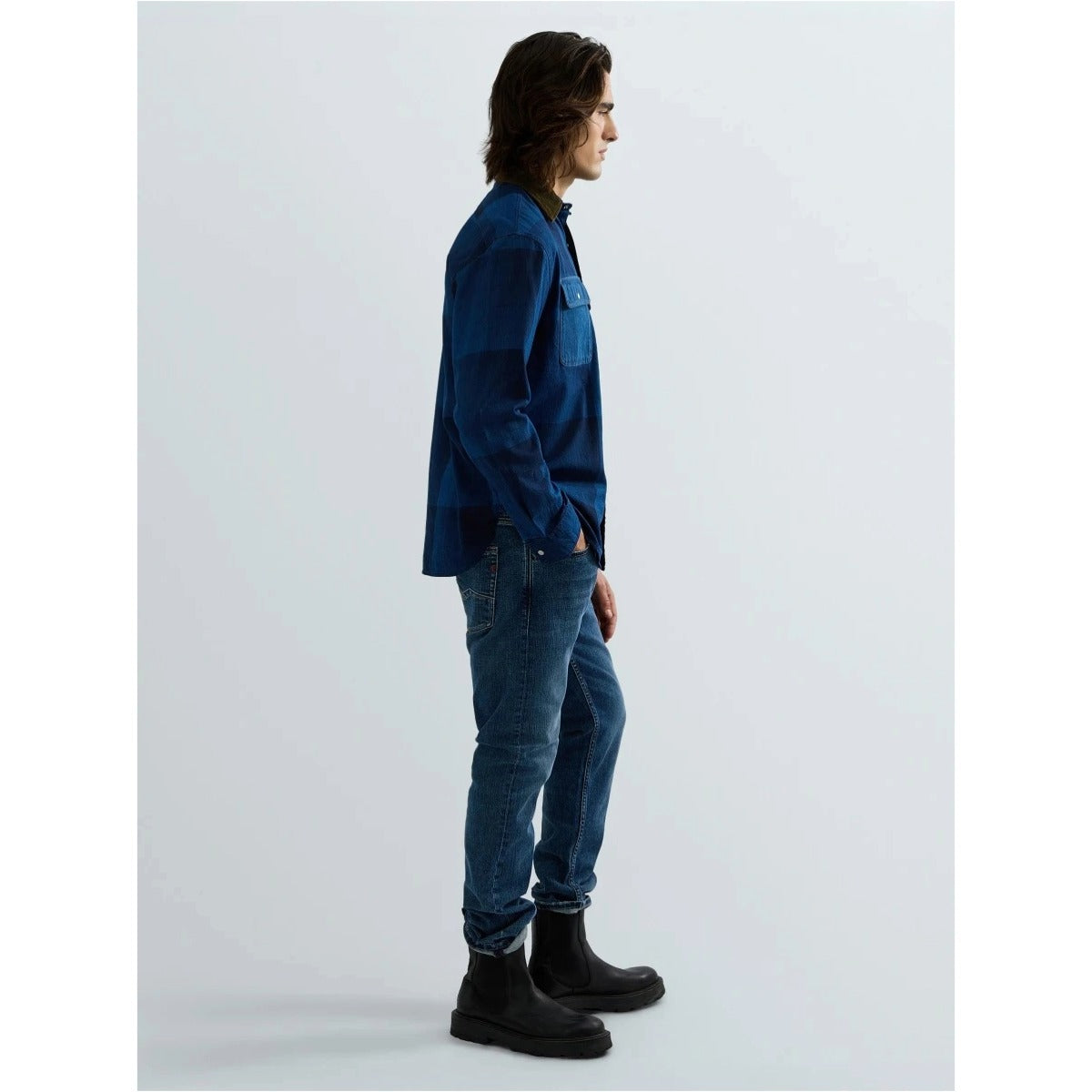 REPLAY CHECKED SHIRT WITH CORDUROY COLLAR M105U BLUE