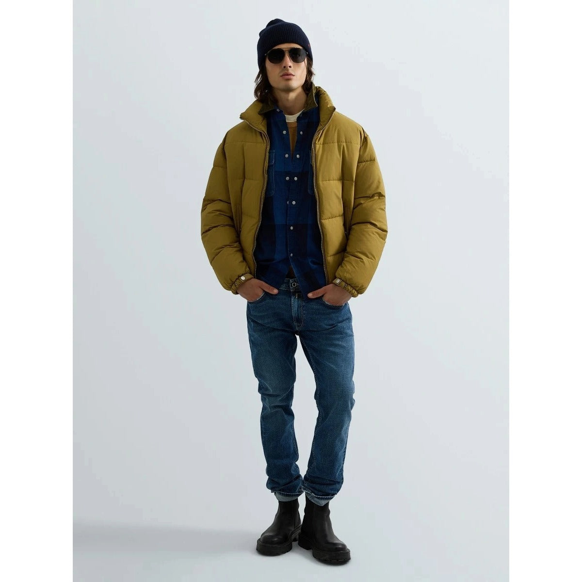 REPLAY CHECKED SHIRT WITH CORDUROY COLLAR M105U BLUE