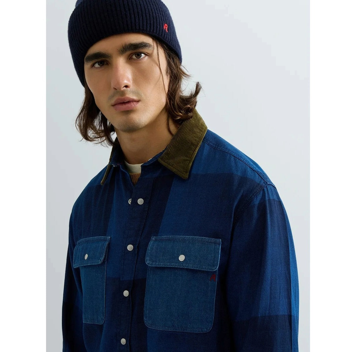 REPLAY CHECKED SHIRT WITH CORDUROY COLLAR M105U BLUE