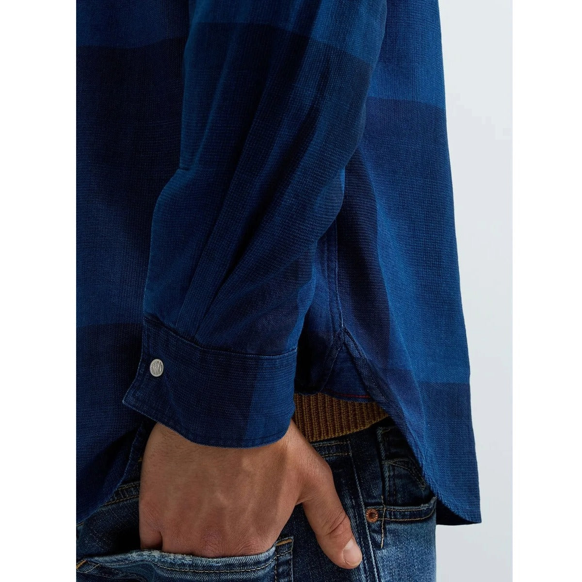 REPLAY CHECKED SHIRT WITH CORDUROY COLLAR M105U BLUE