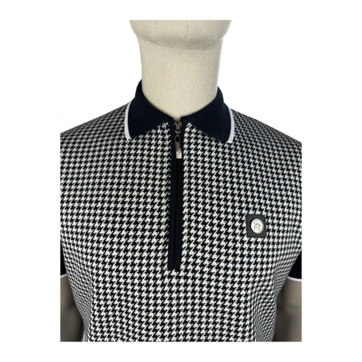 TROJAN MONO HOUNDSTOOTH ZIP POLO T-SHIRT BLACK TR9125