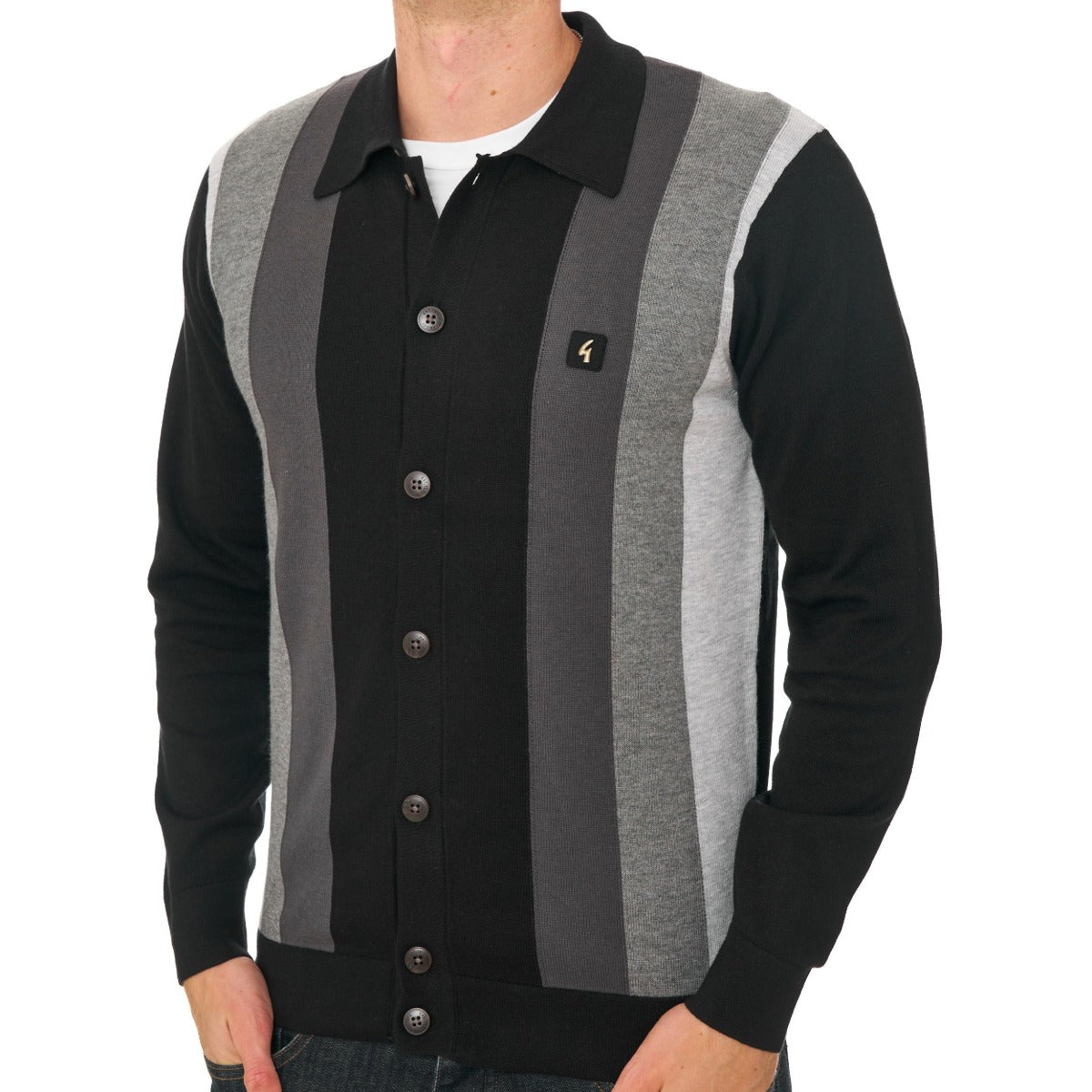 GABICCI PEDRO STRIPED KNITTED L/S FULL BUTTON JUMPER BLACK V57GM12