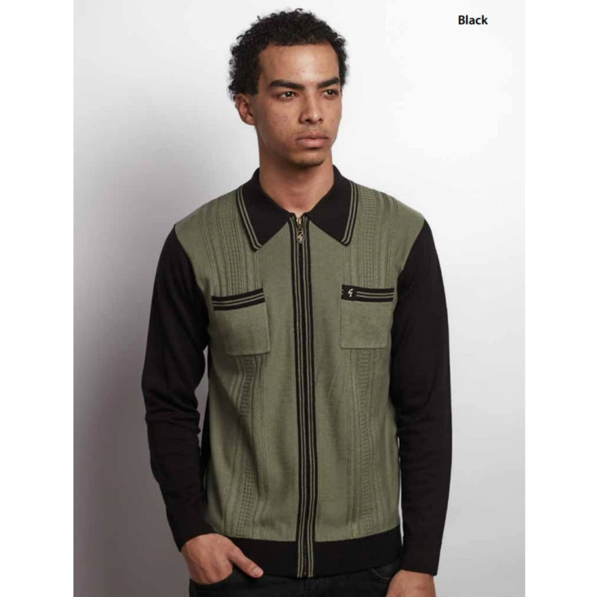 GABICCI LUCERNE TEXTURED KNITTED L/S FULL ZIP JUMPER BLACK/GREEN V57GM15