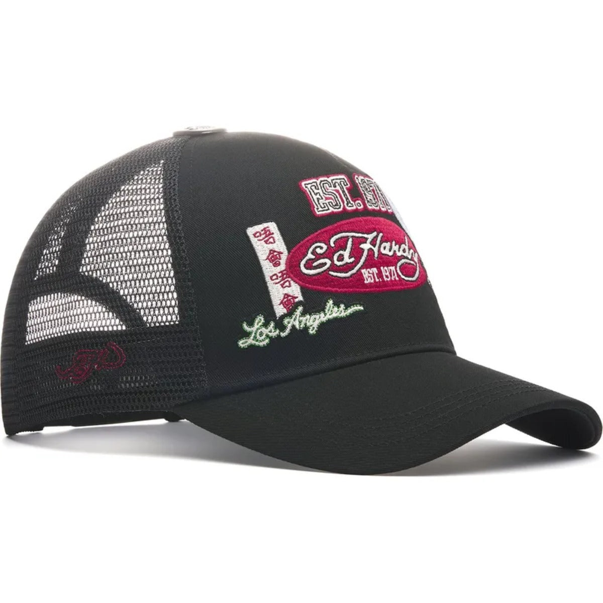ED HARDY 1971 VARSITY BADGE TRUCKER CAP BLACK/BLACK