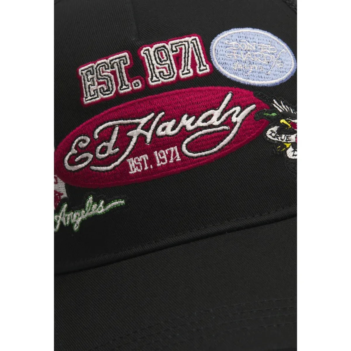 ED HARDY 1971 VARSITY BADGE TRUCKER CAP BLACK/BLACK
